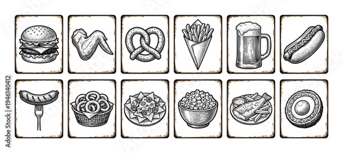 Set of fast food and snack illustrations in a vintage black and white engraving style, showing a burger, fries, beer, hotdog, pretzel, nachos, and other popular pub items