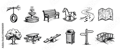 Collection of hand-drawn park and playground icons including a bench, fountain, seesaw, tire swing, and picnic table in a black and white sketch illustration style