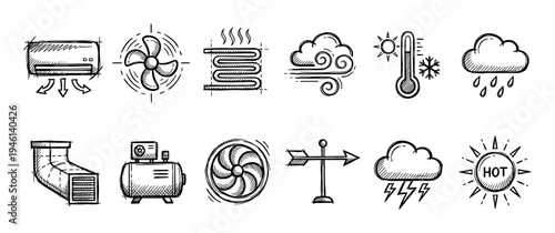 Hand-drawn HVAC and weather icon set in a black sketch style illustrating climate control concepts with air conditioner, fan, heating, ventilation, thermometer, and meteorological symbols