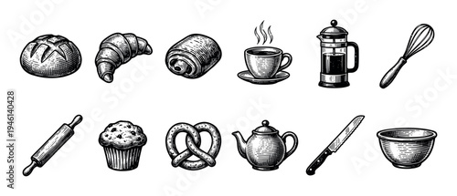 Set of vintage hand-drawn bakery icons including bread, croissant, coffee, and kitchen utensils in a classic black and white engraving style illustration for a cafe menu