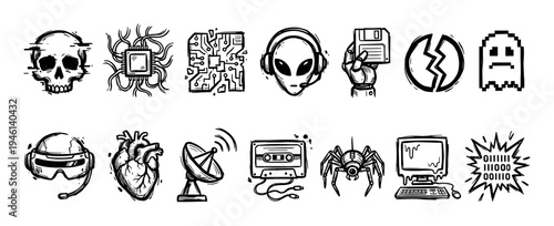 Hand-drawn black and white cyberpunk icon set featuring a glitch skull, alien, VR headset, and retro technology in a sketchy, grunge style
