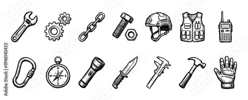 Collection of hand-drawn sketch icons featuring tools, tactical gear, and survival equipment like a wrench, helmet, compass, and hammer in a black and white line art style