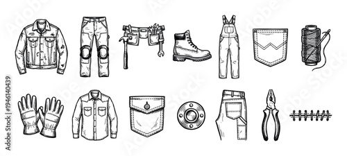 Collection of hand-drawn workwear and tool icons including a denim jacket, pants with knee pads, tool belt, boots, and gloves in a detailed black and white sketch style