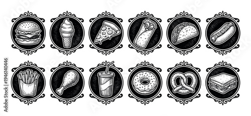 Set of fast food monochrome icons illustrated in a detailed vintage engraving style, featuring a hamburger, pizza, taco, and hot dog inside decorative round frames