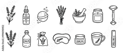 Set of hand-drawn lavender aromatherapy illustrations with essential oil, a bath bomb, a candle, and a sleep mask for relaxation and self-care in a cute doodle line art style