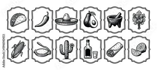 Collection of vintage Mexican food icons including a taco, burrito, tequila, sombrero, chili pepper, and avocado, drawn in a black and white engraved illustration style