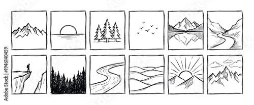 Hand-drawn collection of twelve landscape sketches showing mountains, forests, rivers, and sunsets in a simple black and white ink doodle illustration style for adventure themes