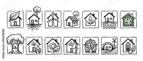 Hand-drawn sketch icons of sustainable green homes representing renewable energy concepts like solar, wind, geothermal, and recycling in a doodle illustration style