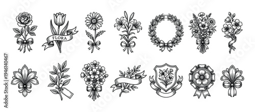 Set of vintage floral illustrations in a black and white engraved style, featuring bouquets, wreaths, ribbons, and heraldic elements for classic decorative design