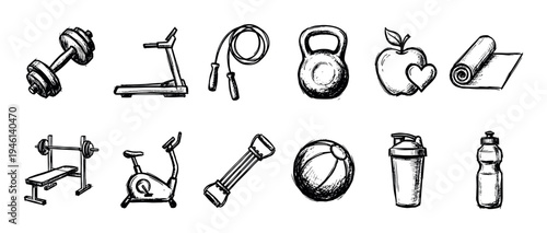 Set of hand-drawn fitness and gym icons featuring workout equipment and healthy lifestyle symbols in a black and white monochrome sketch illustration style