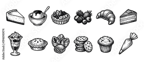 Collection of hand drawn bakery desserts including cake, pie, muffin, croissant, and cookies in a detailed vintage black and white engraving style illustration set