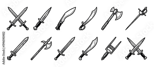 Collection of hand-drawn medieval weapons including swords, daggers, and axes in a vintage black and white engraving style, representing fantasy or historical themes