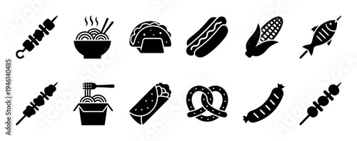 Set of black street food icons featuring kebab, noodles, taco, hot dog, corn, fish, burrito, and pretzel in a minimalist glyph style for graphic design and web elements