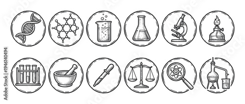 Set of twelve science and chemistry icons in a vintage engraving style, featuring a DNA helix, molecule, beaker, microscope, test tubes, and other laboratory equipment