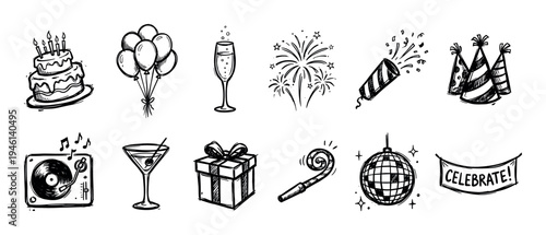 Set of hand-drawn party celebration icons including a birthday cake, balloons, fireworks, gift box, and disco ball in a fun black and white doodle sketch style