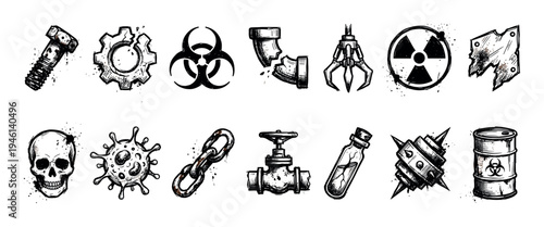 Set of hand-drawn post-apocalyptic icons featuring a skull, biohazard symbol, virus, radiation sign, gear, and valve in a gritty, grunge sketch style with ink splatter details