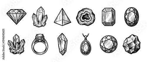 Hand-drawn sketch illustration set of various gems, crystals, and jewelry in a vintage engraving style, including diamond, geode, ring, and pendant icons for esoteric or luxury concepts