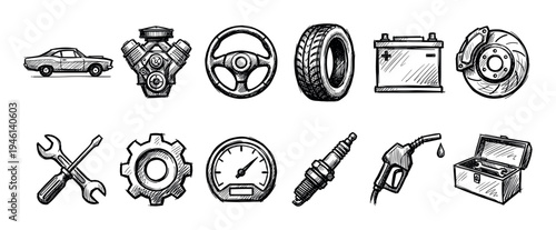 Hand drawn car parts and service icons featuring an engine, tire, battery, and tools in a black and white sketch style for automotive repair and maintenance concepts