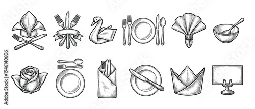 Large set of table setting illustrations showing dining etiquette elements like folded napkins, cutlery, plates, and a place card holder in a vintage monochrome engraving style