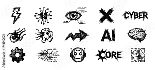 Set of hand-drawn cyberpunk icons in a rough sketch style, featuring technology, AI, data, robot, brain, and futuristic symbols for a grunge, dystopian aesthetic