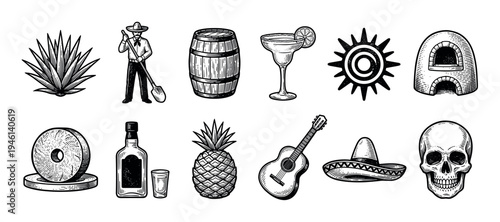 Collection of vintage black and white icons related to tequila production and Mexican culture, including an agave plant, jimador, barrel, margarita, skull, and sombrero in an engraving style