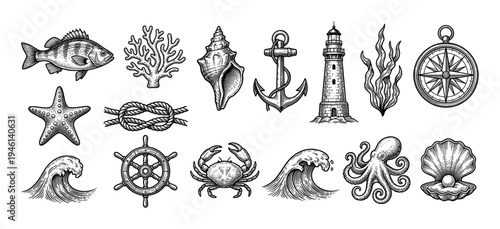 Large set of black ink marine icons featuring a lighthouse, anchor, compass, octopus, crab, fish, shell, and starfish drawn in a detailed vintage woodcut and engraving style