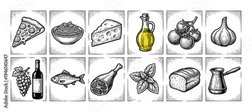 Collection of twelve food ingredient illustrations including pizza, pasta, cheese, wine, and olive oil in a detailed, hand-drawn, vintage engraving style with a yellow accent