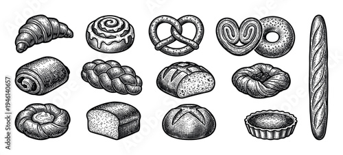 Collection of assorted baked goods illustrations in a vintage woodcut style, featuring croissant, bread, pretzel, cinnamon roll, and various pastries in a detailed black and white set