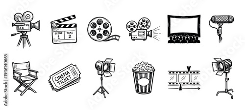 Set of hand-drawn cinema icons featuring a vintage camera, clapperboard, film reel, projector, popcorn, and director's chair in a black and white sketch style illustration