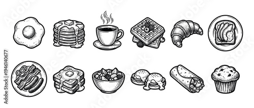 Set of hand-drawn breakfast food icons in a vintage engraving style including pancakes, egg, coffee, and waffles for a cafe menu design