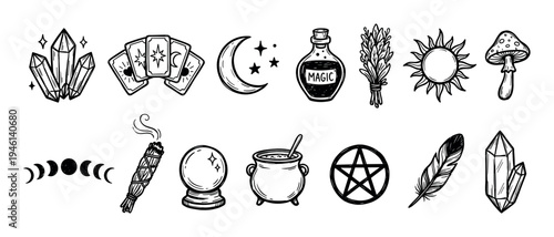 Set of hand-drawn black witchcraft icons including crystals, tarot cards, moon phases, a potion, cauldron, and pentagram in a doodle sketch style for mystical themes