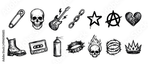 Set of hand-drawn punk rock icons including a skull, guitar, anarchy symbol, and safety pin in a sketchy, rebellious doodle style for subculture designs