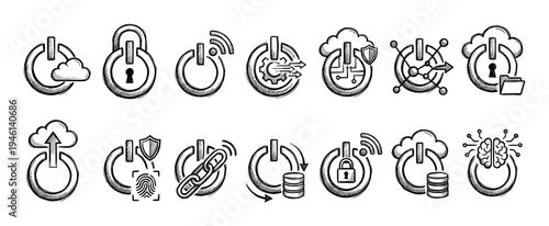 Set of hand-drawn technology icons in a sketch style representing cloud computing, cybersecurity, data management, and network concepts with power button and padlock symbols
