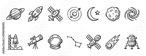 Hand-drawn space and astronomy icon set featuring a rocket, planet, satellite, astronaut, and telescope in a black and white doodle style for science and exploration concepts