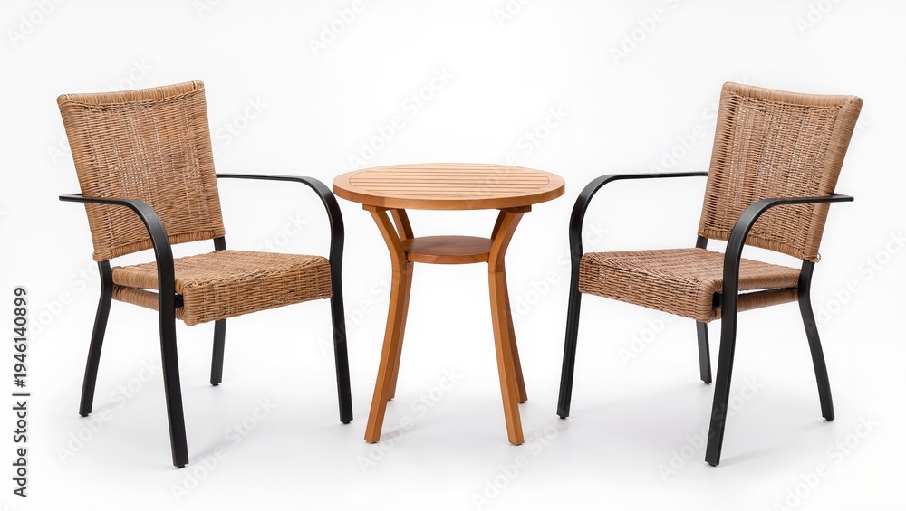 Fototapeta premium Set of two wooden armchairs with small table isolated on white background, outdoor patio furniture perfect for garden, terrace or relaxation area.