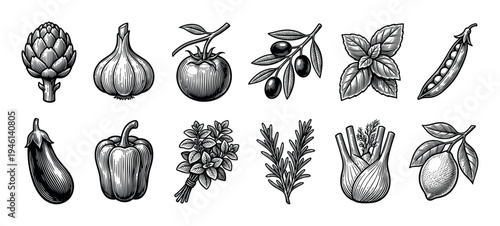 Collection of vintage vegetable, fruit, and herb illustrations in a classic black and white woodcut style, showing various healthy food ingredients for cooking