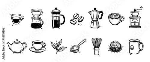 Hand-drawn set of coffee and tea icons including a moka pot, french press, teapot, and matcha whisk in a black and white sketch style illustration collection
