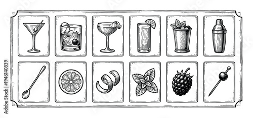 Set of twelve cocktail making icons including glasses, shaker, ingredients, and bar tools in a vintage black and white engraving style, presented as individual framed cards