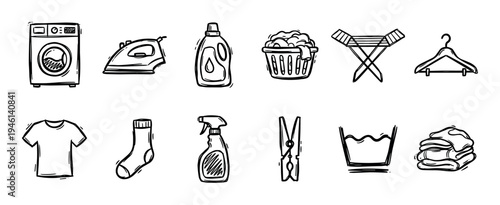 Hand-drawn laundry and cleaning icon set with washing machine, iron, detergent, and clothes in a simple black and white doodle style illustration for household chores concepts