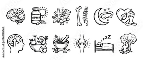 Hand-drawn health and wellness doodle icons illustrating brain function, vitamins, sleep, meditation, nutrition, and bone health in a simple black and white sketch style