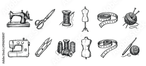 Hand-drawn set of sewing and crafting tools including a sewing machine, scissors, thread, mannequin, and yarn in a black and white sketch illustration style for needlework