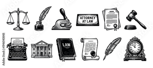 Set of vintage law and justice icons including a gavel, scales, courthouse, law book, and typewriter, illustrated in a classic black and white retro engraving sketch style