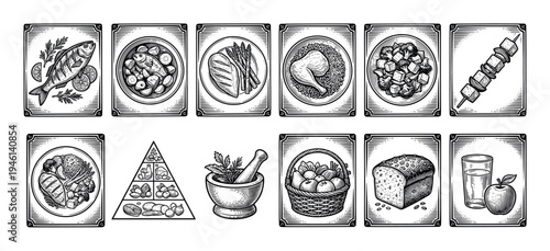 Set of healthy food and nutrition icons in a vintage woodcut style showing various meal examples and food groups like fish, poultry, vegetables, fruits, and grains