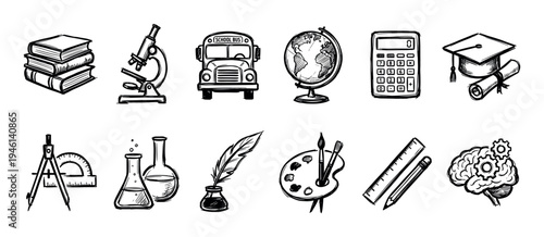 Set of black hand-drawn school icons representing various academic subjects like science, math, and art in a rough sketch style illustration for educational concepts