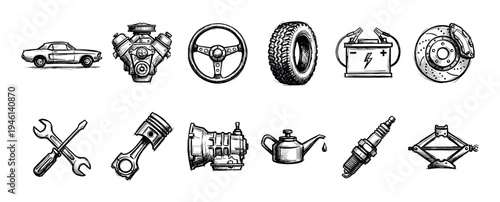 Hand-drawn car parts and service icons set featuring a vintage vehicle, engine, tire, battery, brake, piston, and tools in a detailed black and white sketch style