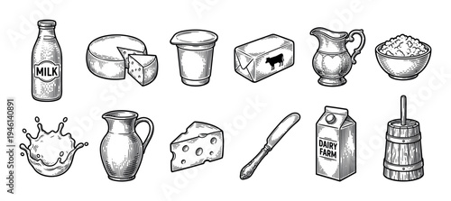 Vintage dairy and farm food icons featuring milk, cheese, butter, yogurt, and a churn, all rendered in a classic black and white hand-drawn engraving sketch style collection