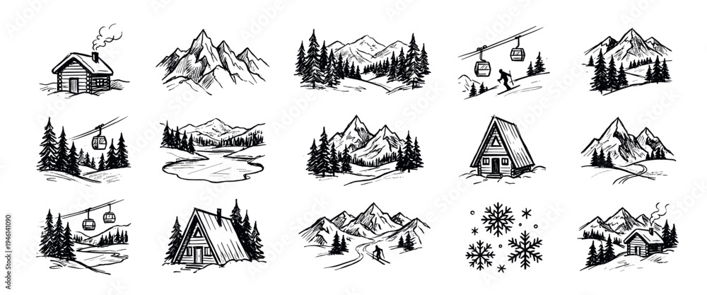Fototapeta premium Set of hand-drawn winter mountain icons featuring cabins, ski lifts, pine trees, and snowy peaks in a black and white sketch doodle style for adventure and travel themes