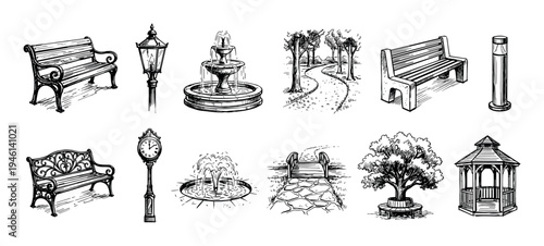 Hand-drawn collection of park furniture and landscape elements including benches, fountains, lamps, a gazebo, and pathways in a black and white vintage sketch illustration style
