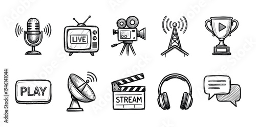 Hand-drawn media and broadcasting icon set featuring a microphone, television, camera, and clapperboard in a black and white sketch style for streaming and entertainment concepts
