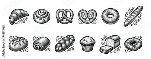 Collection of hand-drawn bakery food icons in a classic black and white woodcut style, featuring bread, croissant, pretzel, donut, muffin, and various sweet pastries